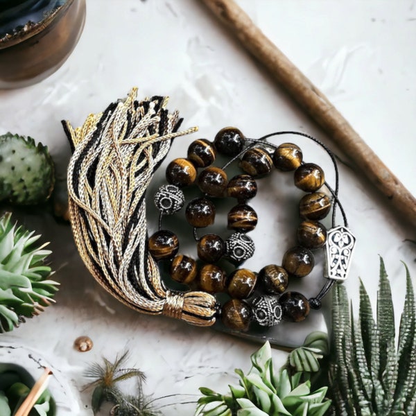 Perles de komboloi/ soucis grecs avec perles de jaspe oeil de tigre 10 mm pour soulager le stress - aide pour arrêter de fumer - cadeaux traditionnels pour les remuants