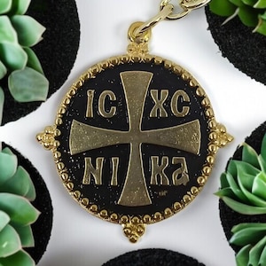 Greek Orthodox keychain or bag charm in gold and black. IΧNC cross amulet keyring, birthday/ anniversary gift, protective amulets