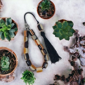 Greek Komboloi - worry beads with brown and yellow colored beads, silver plated details and black tassel - greek traditional souvenir