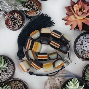 Greek Komboloi - worry beads with brown and yellow colored beads, silver plated details and black tassel - greek traditional souvenir