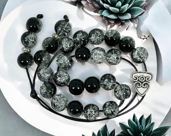 Greek Komboloi Worry Beads: Black Crackled Glass, Fidget & Stress Relief