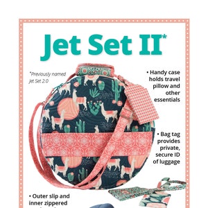 May include: Jet Set II travel bag set with a round, quilted bag with a llama print, a neck pillow, and a small zippered pouch. The bag has an adjustable strap and a padded handle. The text "Jet Set II" and "byannie.com" is visible on the image.