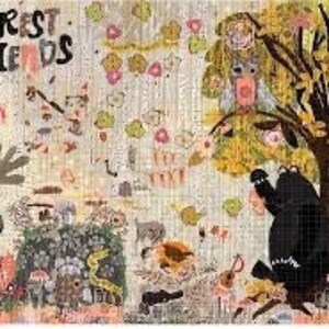 Pode incluir: Uma ilustração colorida de uma cena de floresta com animais, plantas e uma grande árvore. O texto "FOREST FRIENDS" está escrito no canto superior esquerdo da imagem.