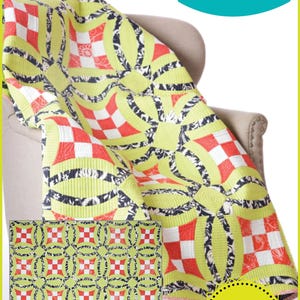 May include: A lime green and white quilt with a repeating pattern of red and white squares and black floral accents. The quilt is draped over a chair. The text "Urban Nine Patch" and "Sew Kind of WONDERFUL" are visible.