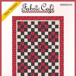 May include: A quilting pattern for a nine patch quilt. The pattern is for a quilt that is 45 inches by 63 inches. The pattern is made with red, white, and black fabric. The pattern is called "Nine Patch" and is a new version.