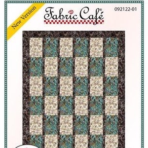 May include: Quilt pattern for a "Lickity Split" quilt, featuring a checkerboard design with brown, white, and teal fabric. The pattern is for a 47 inch by 60 inch quilt and requires 3 yards of fabric.