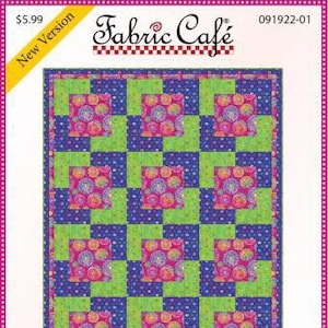 May include: A quilting pattern for a "Town Square" quilt. The pattern features a grid of squares with a colorful, geometric design. The quilt is 47 1/2 inches by 62 inches and requires 3 yards of fabric.