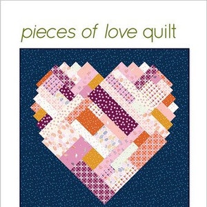 May include: A quilt pattern for a heart-shaped quilt with instructions for baby, throw, and queen sizes. The quilt is made of colorful fabric scraps in pink, orange, yellow, and purple. The pattern is called "Pieces of Love Quilt" and is from Whole Circle Studio.