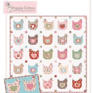 May include: A patchwork quilt featuring a repeating pattern of stylized chickens in various colors and patterns. The quilt has a white background with a red border. A smaller quilt with four chickens is in the lower left corner. The text "Poppie Cotton" is at the top.