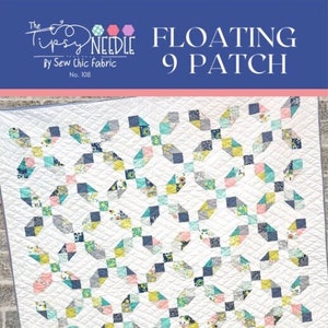 May include: A quilt pattern called "Floating 9 Patch" by The Tipsy Needle. The quilt is made with a jelly roll of fabric and is 66 inches by 78 inches. The quilt is white with a pattern of squares in various colors, including pink, blue, green, and yellow.