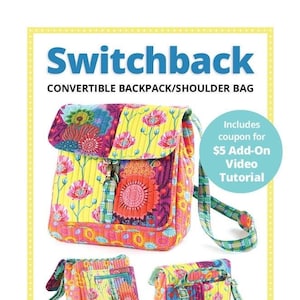 May include: A colorful convertible backpack/shoulder bag with a floral pattern. The bag features a flap closure, adjustable straps, and multiple pockets. The text "Switchback" and "byannie.com" are visible.