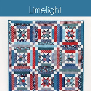 May include: A patchwork quilt with a star pattern in shades of red, white, and blue. The quilt features a repeating block design with floral and geometric patterns. The text "Limelight" is at the top, and "Cluck Cluck Sew" is at the bottom.