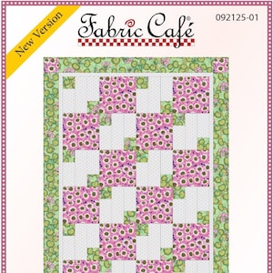 May include: A quilting pattern for a Garden Path quilt. The pattern features a grid of pink and white squares with a green border. The quilt is 45 inches by 63 inches and requires 3 yards of fabric.