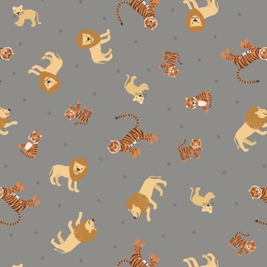 Lewis & Irene Small Things Wild Animals Fabric Collection Lions and Tigers on Grey Premium 100% Cotton Quilt Shop Quality Fabrics