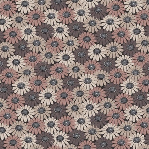 May include: A seamless pattern featuring a repeating design of brown, beige, and pink stylized flowers with white centres.