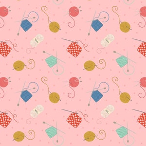 May include: A seamless pattern featuring various knitting supplies on a pink background with white polka dots. The pattern includes balls of yarn in different colors, knitting needles, and partially knitted squares.