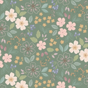 May include: A repeating floral design with a range of flowers and leaves in pastel shades. The pattern includes pink, cream, and brown flowers, with green leaves and small yellow and purple details, set on a muted green backdrop.