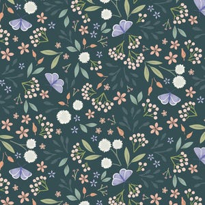 May include: A seamless pattern on a dark teal background, featuring a floral design. The pattern includes white, pink, and lavender flowers, green leaves, and lavender butterflies. The design is delicate and inspired by nature.