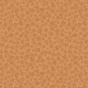 May include: A seamless pattern featuring a repeating design of stylized ivy leaves and vines in shades of brown and tan. The leaves are detailed with visible veins, creating a textured appearance. The background is a solid tan color.
