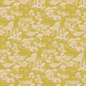 May include: Mustard yellow fabric with a repeating pattern of white mushrooms and small floral shapes. The design features various sizes and styles of mushrooms, creating a whimsical and natural aesthetic. This fabric is suitable for various craft and sewing projects.
