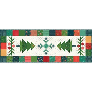 May include: A green, red, and white patchwork table runner with a repeating pattern of stylized Christmas trees and snowflakes. The runner has a white background with a subtle polka dot pattern.