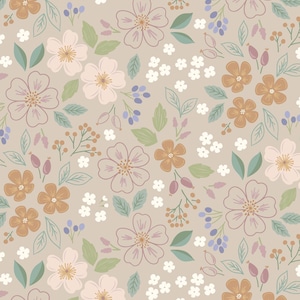 May include: A floral pattern with a beige backdrop, showcasing a repeating design of flowers, leaves, and berries. The colour palette includes pink, peach, white, and blue, creating a delicate and botanical aesthetic.
