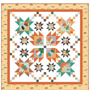 May include: A quilt pattern titled "Apple Cider" featuring a camping theme with a starburst design. The quilt is 72 inches by 72 inches and is designed by Flamingo Toes, Beverly McCullough.