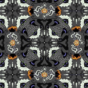 LAST BOLT!! Glowing Fabrics! Lewis & Irene Haunted House Fabric Collection Glowing Hats, Cats, and Bats on Black Premium 100% Cotton Fabrics