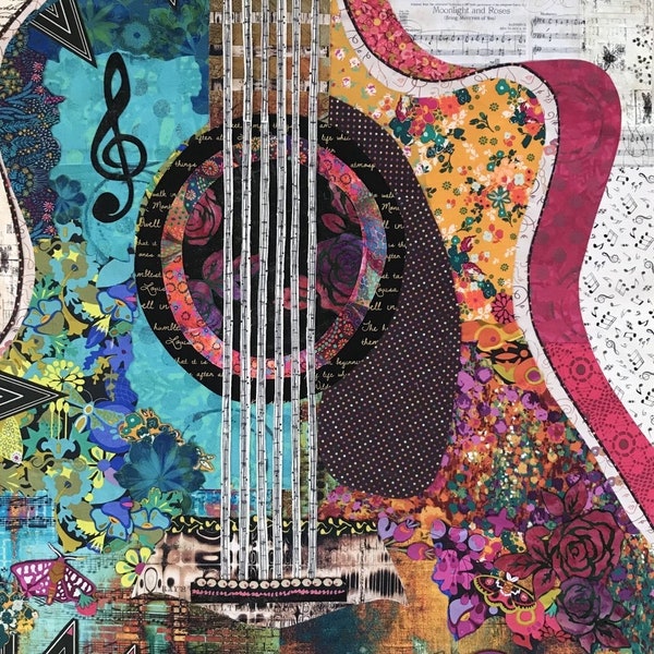 Laura Heine Guitar Collage Wall Quilt Pattern Finished Size: 23"x36"