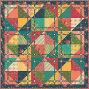 Op de afbeelding: Een kleurrijk quilt met een patchwork-ontwerp met verschillende geometrische vormen en bloemmotieven in tinten rood, oranje, geel, groen, blauw en wit. De quilt is gemaakt van vierkanten en driehoeken die in een rasterpatroon zijn gerangschikt.