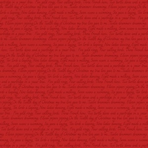 LAST BOLT!! Lewis & Irene 12 Days of Christmas Fabric Collection Christmas Script on Red Premium 100% Cotton Fabrics