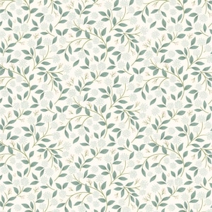 May include: A repeating pattern on a cream background, depicting green leaves, small white flowers, and thin brown stems. The design has a botanical theme, creating a natural and organic look, suitable for various applications.