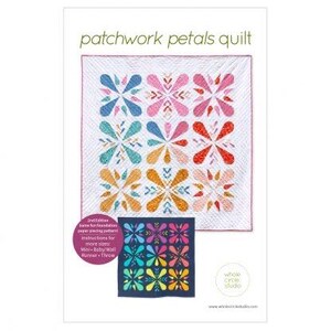 May include: Patchwork Petals Quilt pattern featuring a colorful quilt design with a variety of geometric shapes. The pattern includes instructions for making different sizes, including mini, baby, wall, runner, and throw.