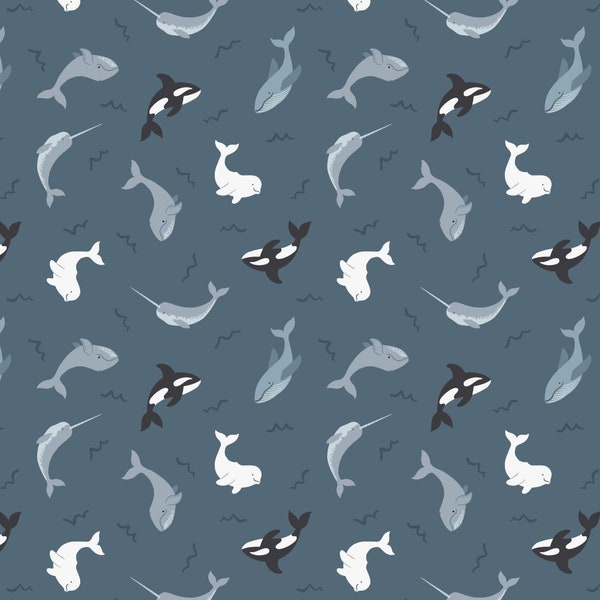 Lewis & Irene Small Things Polar Animals Fabric Collection Pearlescent Whales on DK Ocean Premium 100% Cotton Quilt Shop Quality Fabrics