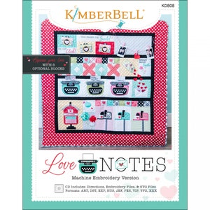 May include: A red and white polka dot fabric with a quilt design featuring a typewriter, mailboxes, and hearts. The quilt is titled "Love Notes" and is a machine embroidery version. The text "Express your love with 8 optional blocks" is also included.