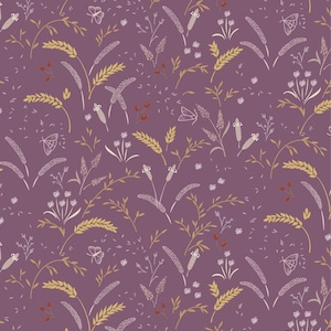May include: A seamless pattern featuring a variety of stylized floral elements in shades of beige and white on a purple background. The pattern includes wheat stalks, butterflies, and small flowers.