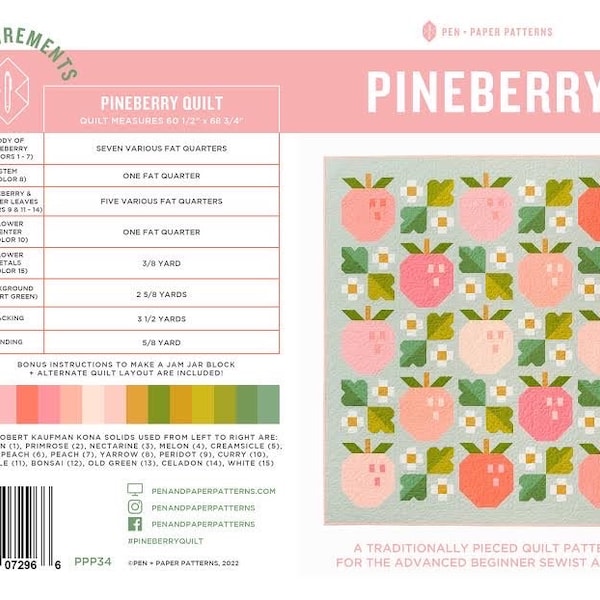 Pen + Paper Patterns Pineberry Quilt Pattern Finished Size: 60.5"x68.75" (Optional Fineline Glue Tip Sets)