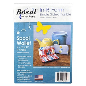 May include: A package for a Spool Wallet by Bosal, featuring a yellow butterfly, a teapot, and a blue container. The package includes panels measuring 2-6" x 8" (5.08 cm x 20.32 cm). The product is single-sided fusible and machine washable.