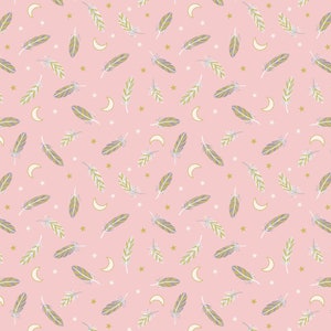 LAST BOLT! Lewis & Irene Enchanted Fabric Collection Metallic Gold Feathers and Stars on Pink Premium 100% Cotton Quilt Shop Quality Fabrics