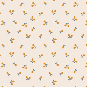 May include: A seamless pattern featuring a repeating design of stylised pears with leaves in shades of orange and blue on a cream background.