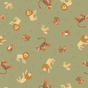 Lewis & Irene Small Things Wild Animals Fabric Collection Lions and Tigers on Green Premium 100% Cotton Quilt Shop Quality Fabrics