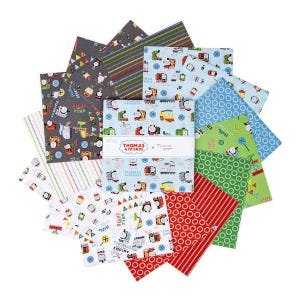 May include: A set of 12 colorful fabric squares featuring Thomas the Tank Engine and his friends. The squares are printed with various patterns and designs, including stripes, polka dots, and images of the characters. The squares are perfect for quilting, scrapbooking, or other craft projects.