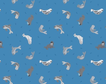END OF BOLT 19" Lewis & Irene Small Things Polar Animals Fabric Collection Pearlescent Seals on Surf Blue Premium 100% Cotton Fabrics