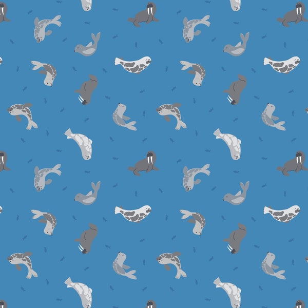 END OF BOLT 19" Lewis & Irene Small Things Polar Animals Fabric Collection Pearlescent Seals on Surf Blue Premium 100% Cotton Fabrics