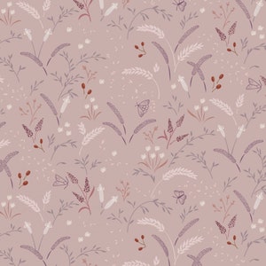 May include: A seamless pattern featuring a delicate floral design with butterflies, wheat stalks, and small white flowers on a light pink background.