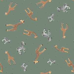 Lewis & Irene Small Things Wild Animals Fabric Collection Giraffes and Zebras on Green Premium 100% Cotton Quilt Shop Quality Fabrics