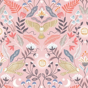 LAST BOLT! Lewis & Irene Enchanted Fabric Collection Metallic Copper Enchanted Owl on Pink Premium 100% Cotton Quilt Shop Quality Fabrics