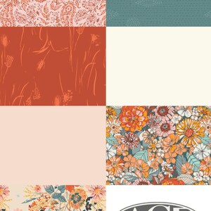 May include: A collection of fabric swatches featuring floral and botanical patterns in various colors. The top left swatch has a pink background with a paisley design. The bottom right swatch has the "Art Gallery Fabrics" logo.