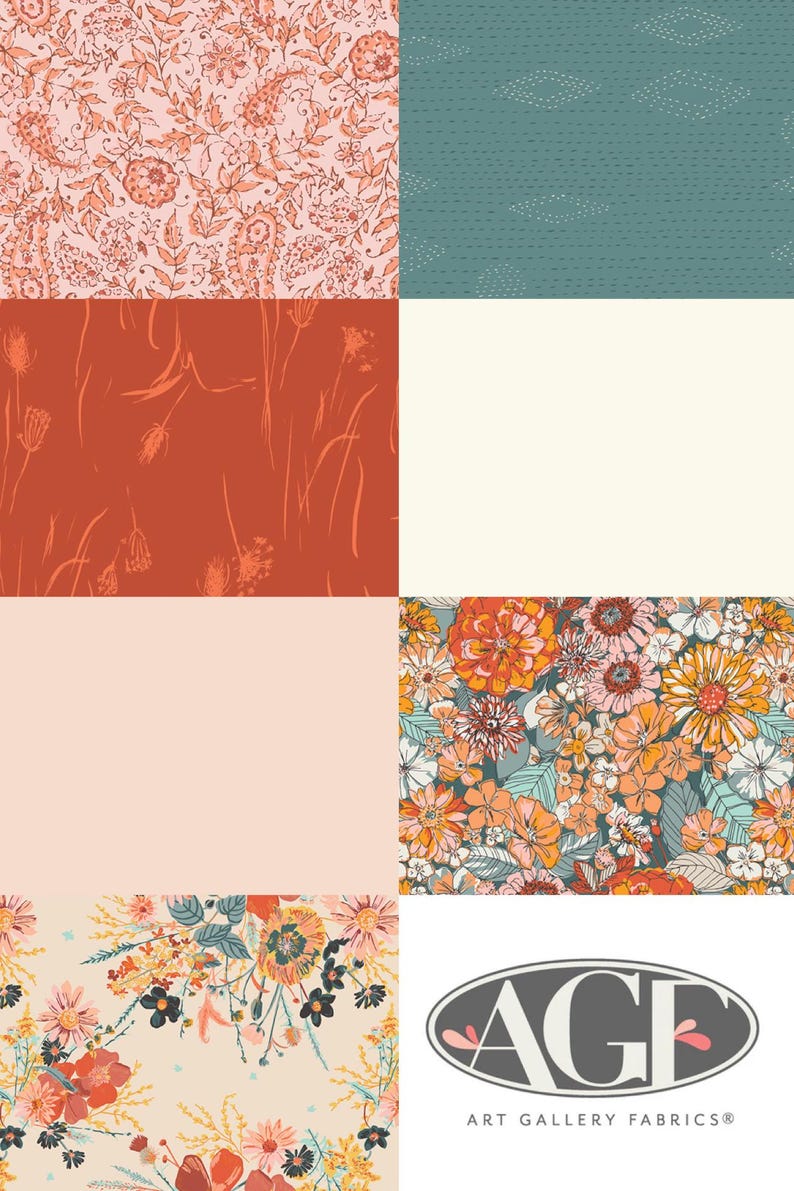 May include: A collection of fabric swatches featuring floral and botanical patterns in various colors. The top left swatch has a pink background with a paisley design. The bottom right swatch has the "Art Gallery Fabrics" logo.