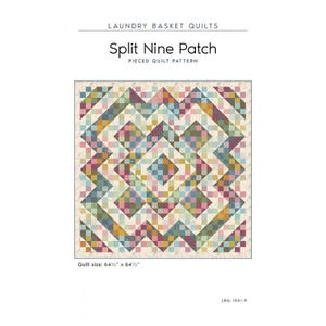 May include: A quilt pattern for a Split Nine Patch quilt. The quilt is 64 inches by 64 inches and features a patchwork design with a variety of colors, including pink, blue, green, and yellow.